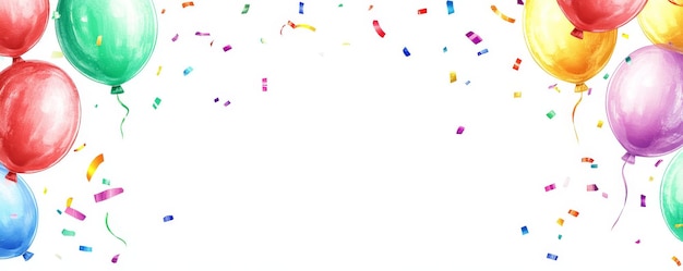 Photo white background with colorful balloons and confetti around the edges