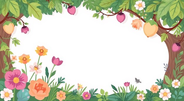 Photo white background with colorful floral border leaves and trees