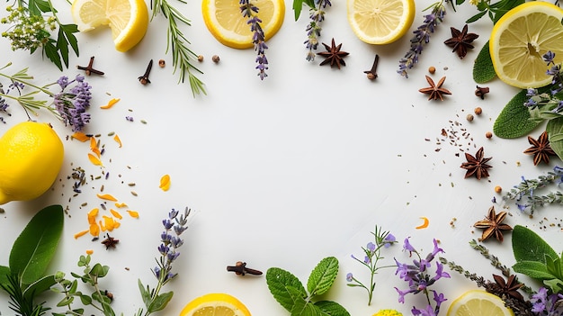 Photo a white background with colorful herbs and spices arranged to form an oval frame creating space for