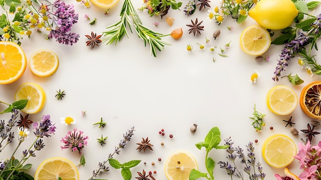 A white background with colorful herbs and spices arranged to form an oval frame creating space for