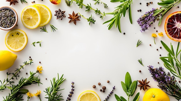 Photo a white background with colorful herbs and spices arranged to form an oval frame creating space for