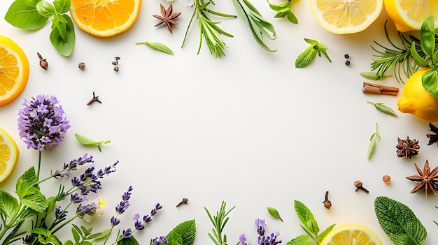 Photo a white background with colorful herbs and spices arranged to form an oval frame creating space for