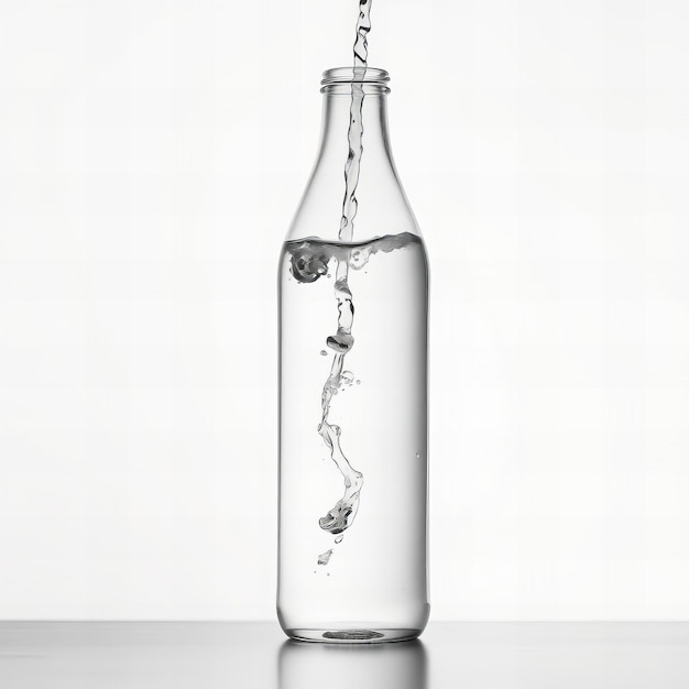 Photo white background with copy space banner of water flow in glass bottle close up white and grey col