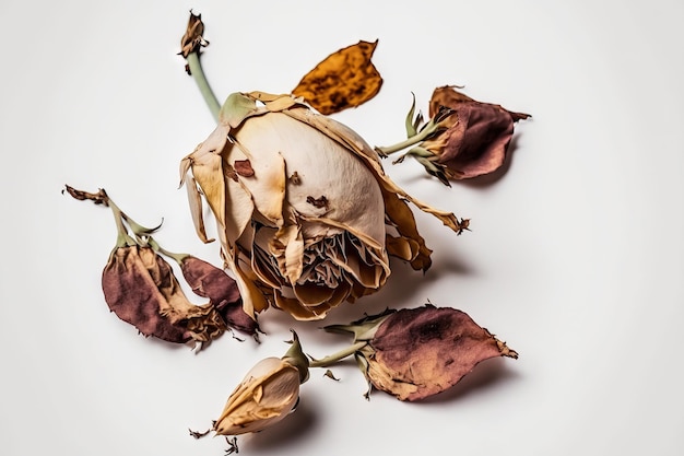 White background with dried rose petals