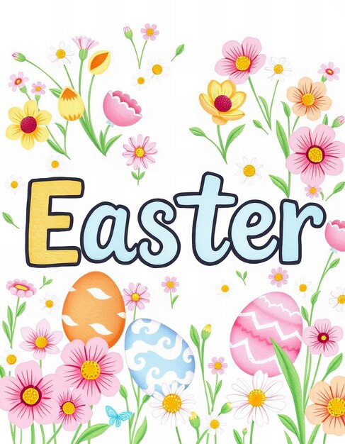 Photo a white background with flowers and a picture of easter eggs