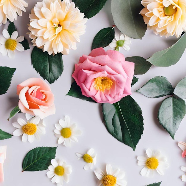 A white background with flowers and a pink flower.