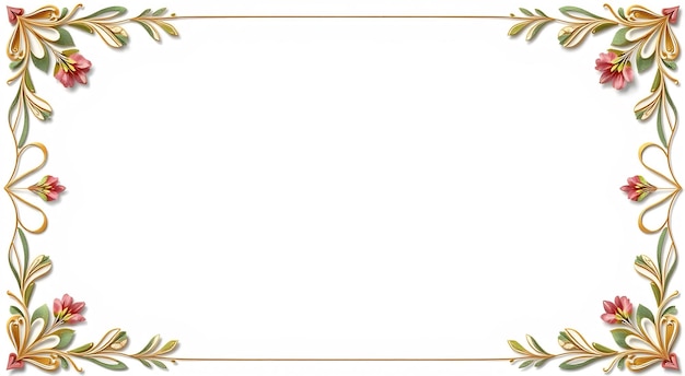 A white background with a gold border and pink flowers in each corner