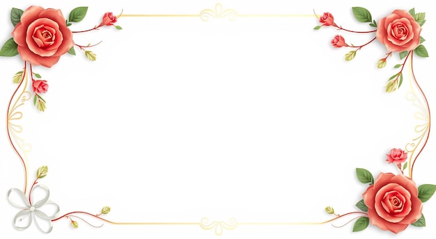 White background with gold border and rose floral corners