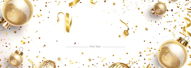 Photo a white background with golden baubles confetti and ribbons creates a celebratory atmosphere for the upcoming new year