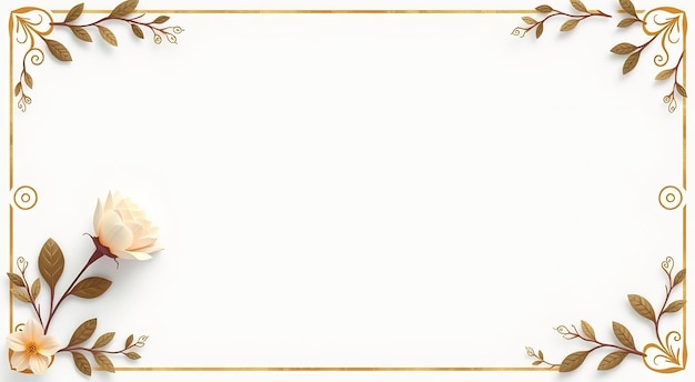 White background with golden frame floral accents and a single beige rose