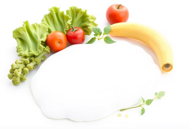 Photo white background with green leafy vegetables red tomatoes and a yellow banana