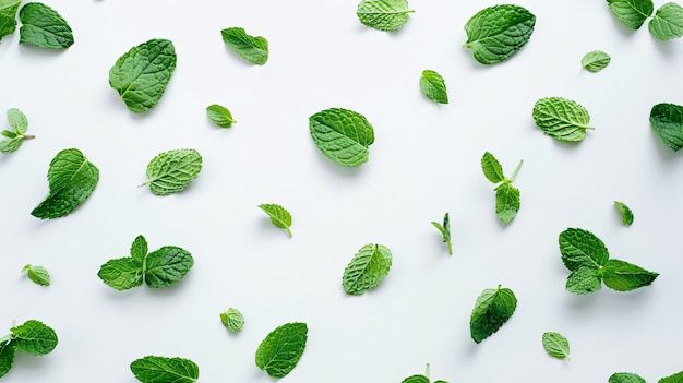 Photo a white background with green leaves of mint leaves