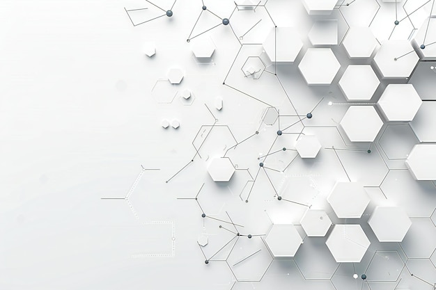 A white background with hexagons and connected lines in the bottom right corner representing techno