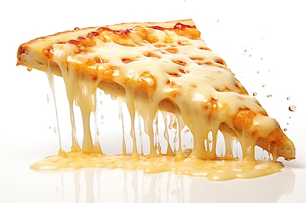 White background with a hot cheese dripping pizza slice