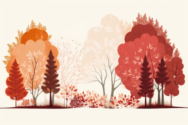 A white background with an illustration of red and orange trees in the fall countryside setting