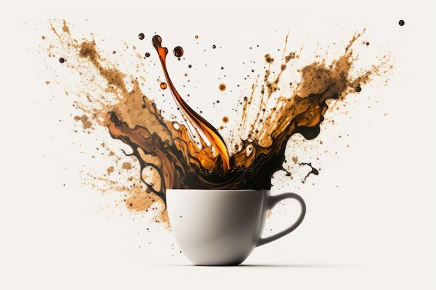 A white background with an image of hot coffee in a white cup is used as the backdrop