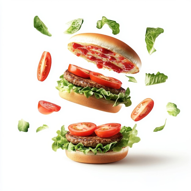 Photo white background with an isolated hamburger falling in the air