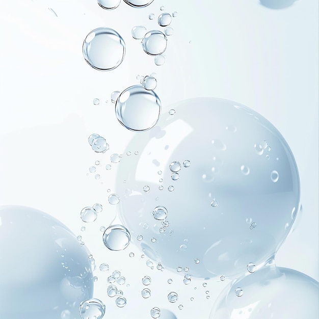 White background with light blue water drops and bubbles floating in the air Closeup of white sphe