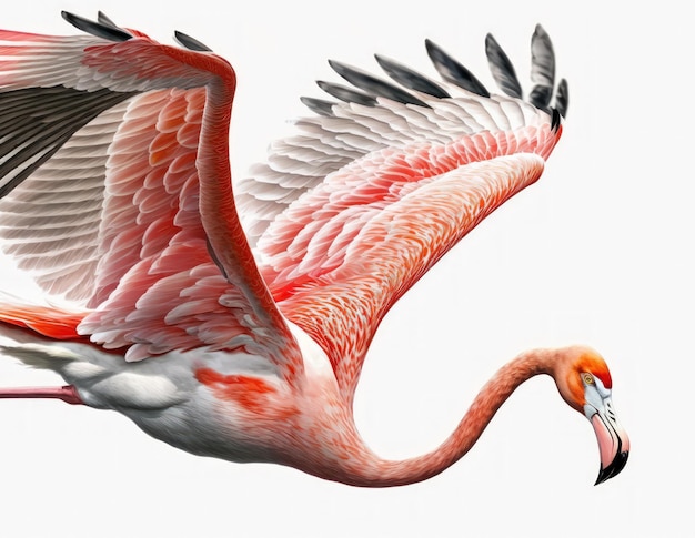 White background with a lone pink flamingo in the foreground