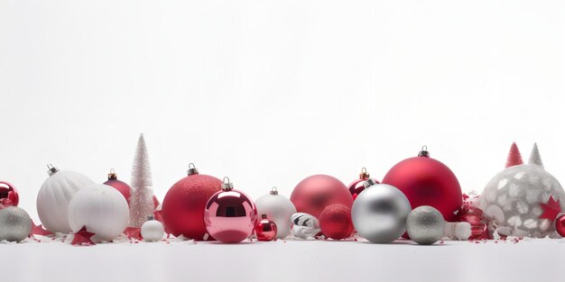 A white background with ornaments and a red and white christmas tree