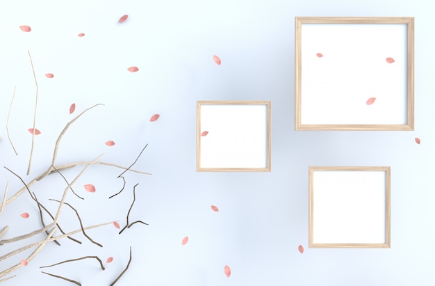 White background with picture frame and blow pink leaves, branch.