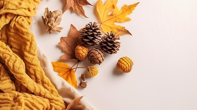 A white background with a pile of autumn leaves and a yellow blanket with a bunch of leaves on it.