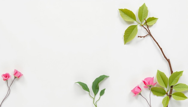 Photo white background with a pink flower green leaves and a twig