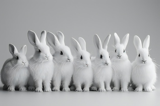 Photo white background with a row of cute white rabbit dolls on the right side flat style simple composi