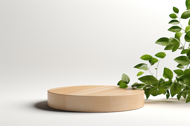 A white background with a shadow features a natural circular wooden stand used for presentations and