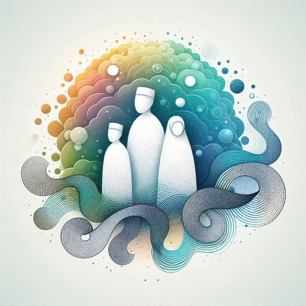 White background with soft colorful wavy lines of happy muslim family