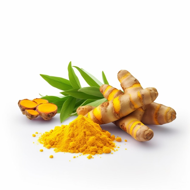 A white background with turmeric and a green leaf that says turmeric.