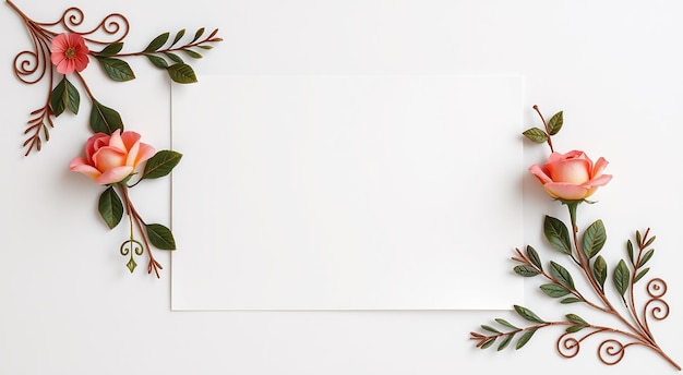 Photo white background with two roses green leaves and copper curls