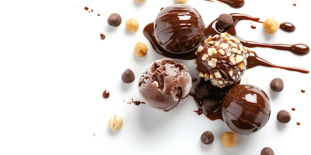 White background with variety of chocolate covered desserts Desserts are covered in chocolate and some have nuts on top Concept of indulgence and luxury as desserts are rich