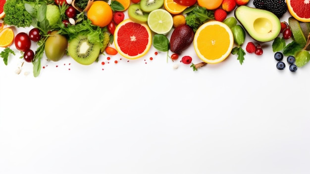 A white background with a variety of fruits and vegetables