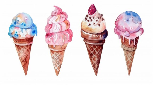 White background with watercolor delicious ice cream