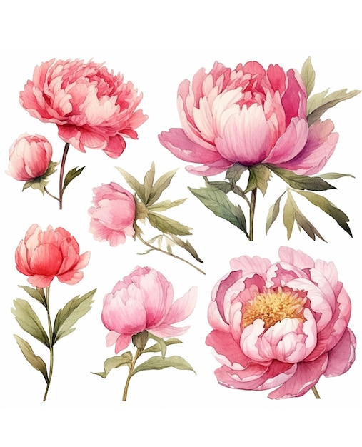 White background with watercolor pink peonies set clipart