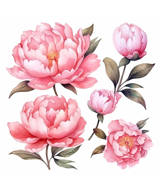 White background with watercolor pink peonies set clipart