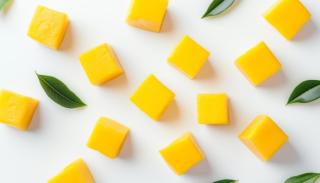 Photo a white background with yellow and orange food and green leaves