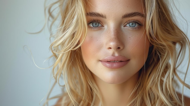 On white background a woman with blond long hair in a curly hairstyle smiles at the camera with natural makeup