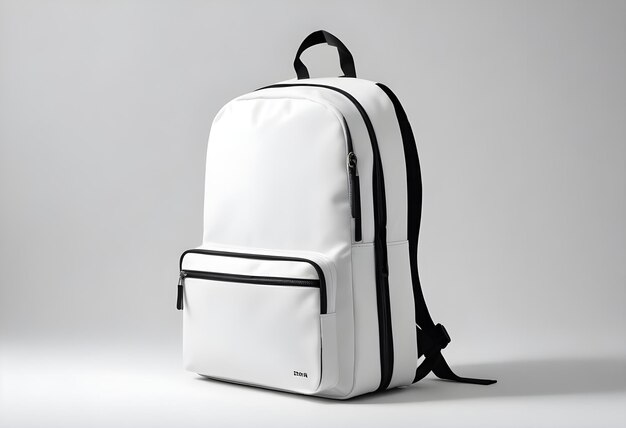 a white backpack with a black strap that says  velcro  on it