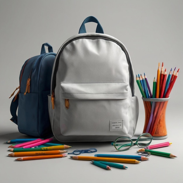 a white backpack with a blue and white bag next to a pencil holder