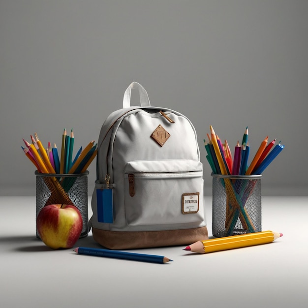 a white backpack with a sticker on it sits next to a pencil holder