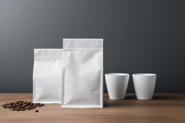 A white bag of coffee is placed on a white table with a gray wall as the background AI generated