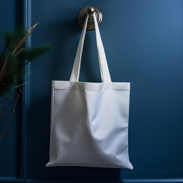 a white bag hanging on a blue wall with a silver handle