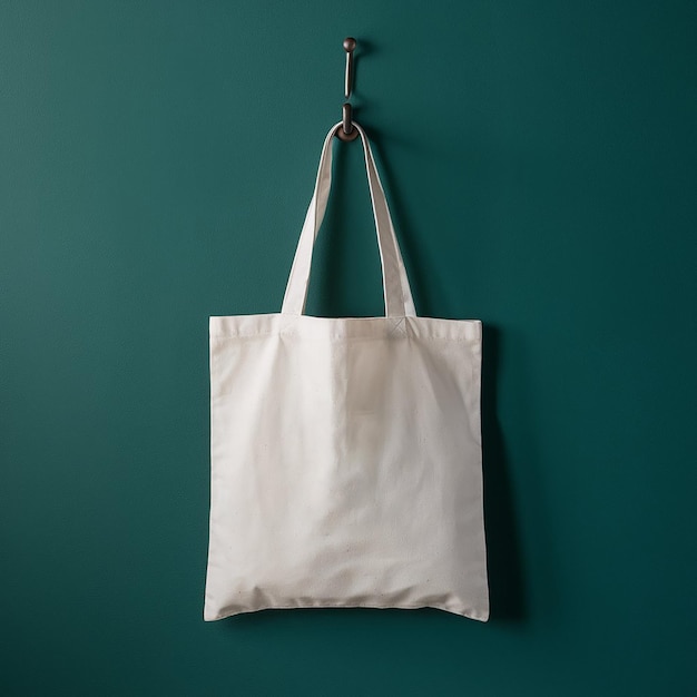 a white bag hanging on a hook with a blue background