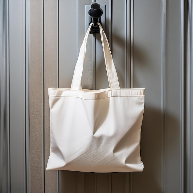 a white bag hanging on a wall with a black handle