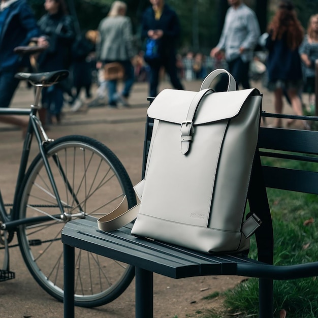 a white bag sits on a bench with a black strap