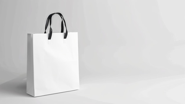 A white bag with a black handle sits on a white background