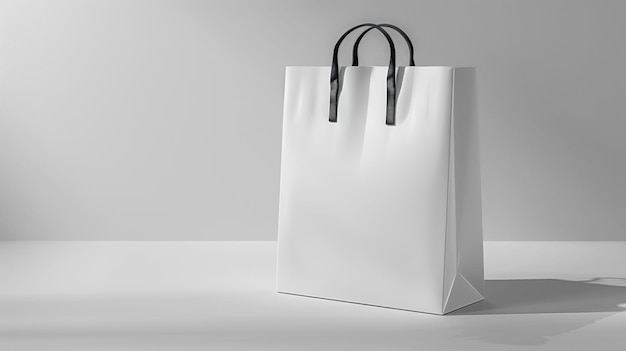 A white bag with black handles sits on a white background