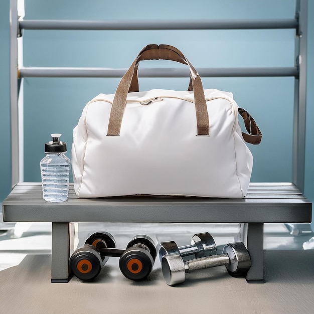 a white bag with brown straps sits on a bench with a bottle of water